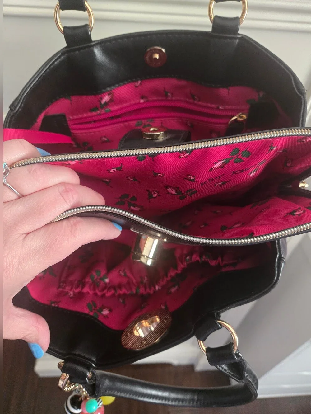 Betsey Johnson Black Satchel with Pink Donut Accent and Colorful Charm - Picture 3 of 5